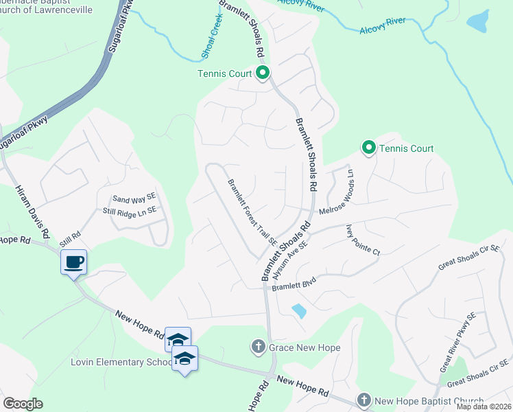 map of restaurants, bars, coffee shops, grocery stores, and more near 1211 Melrose Forest Court Southeast in Lawrenceville