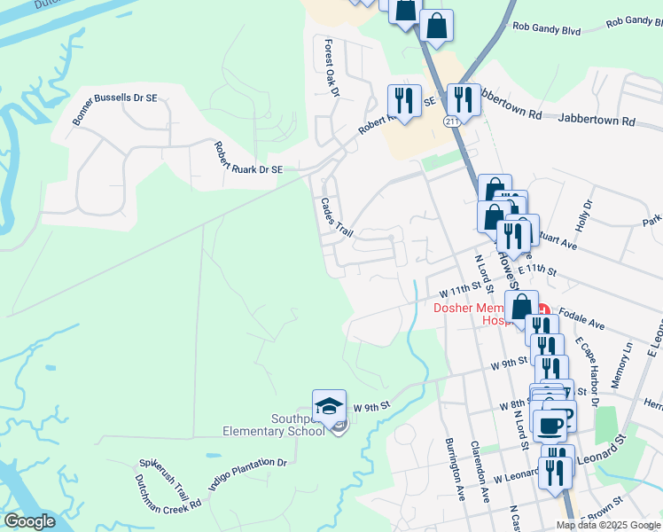 map of restaurants, bars, coffee shops, grocery stores, and more near 414 Lord Charles Drive in Southport