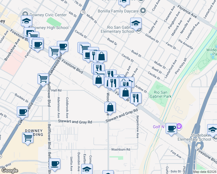 map of restaurants, bars, coffee shops, grocery stores, and more near Firestone Blvd & Woodruff Ave in Downey