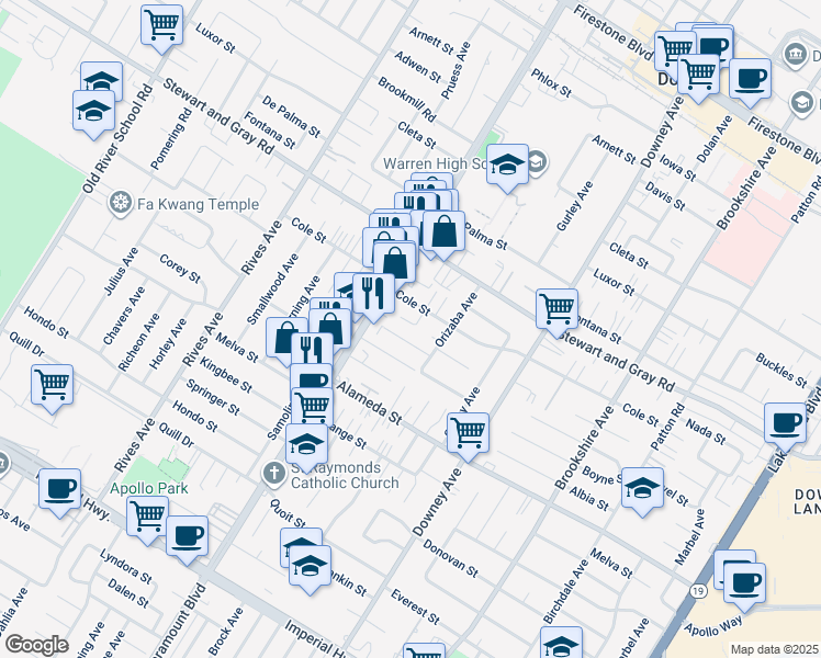 map of restaurants, bars, coffee shops, grocery stores, and more near 12024 Parrot Avenue in Downey