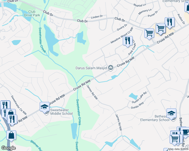 map of restaurants, bars, coffee shops, grocery stores, and more near 3169 Cruse Road Northwest in Lawrenceville