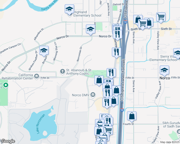 map of restaurants, bars, coffee shops, grocery stores, and more near 1999 5th Street in Norco