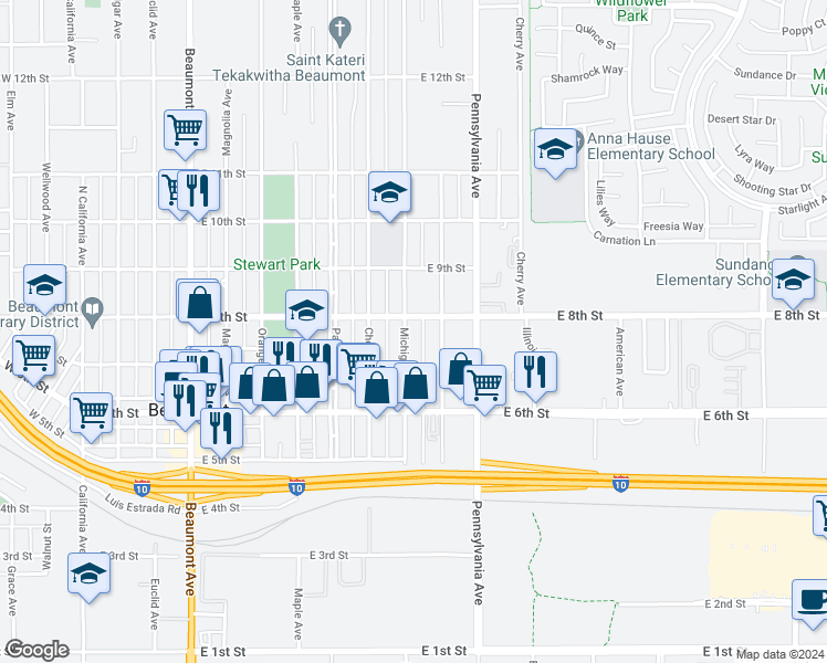 map of restaurants, bars, coffee shops, grocery stores, and more near 724 Michigan Avenue in Beaumont