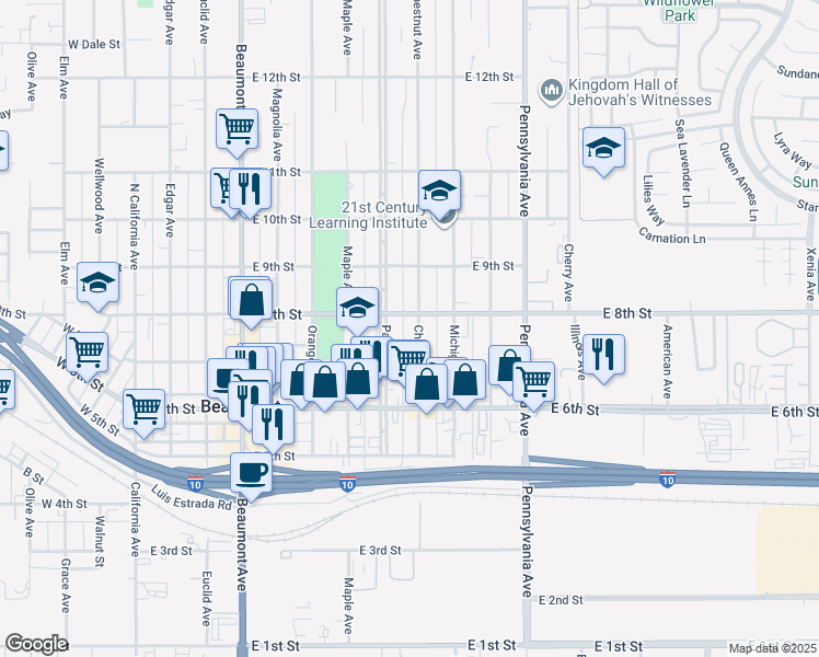 map of restaurants, bars, coffee shops, grocery stores, and more near 726 Chestnut Avenue in Beaumont