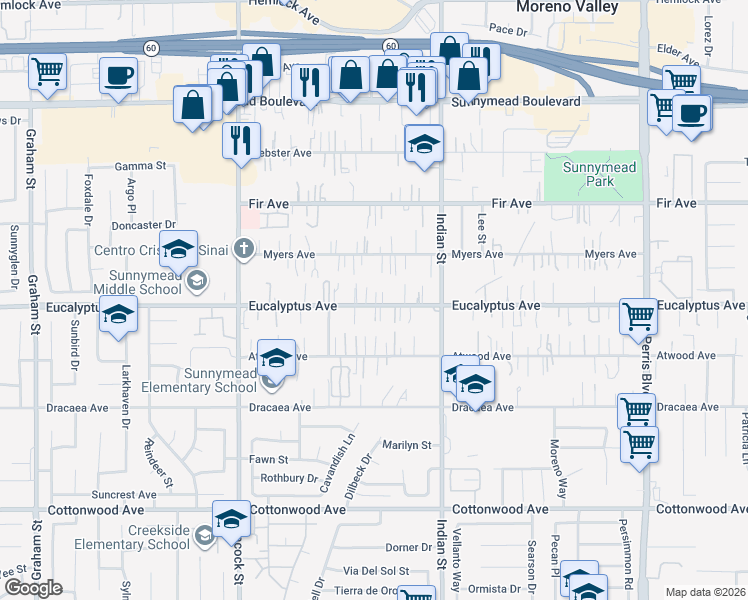map of restaurants, bars, coffee shops, grocery stores, and more near 24295 Eucalyptus Avenue in Moreno Valley