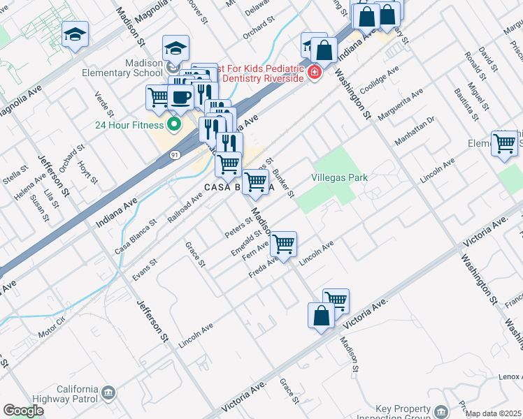 map of restaurants, bars, coffee shops, grocery stores, and more near 3105 Samuel Street in Riverside