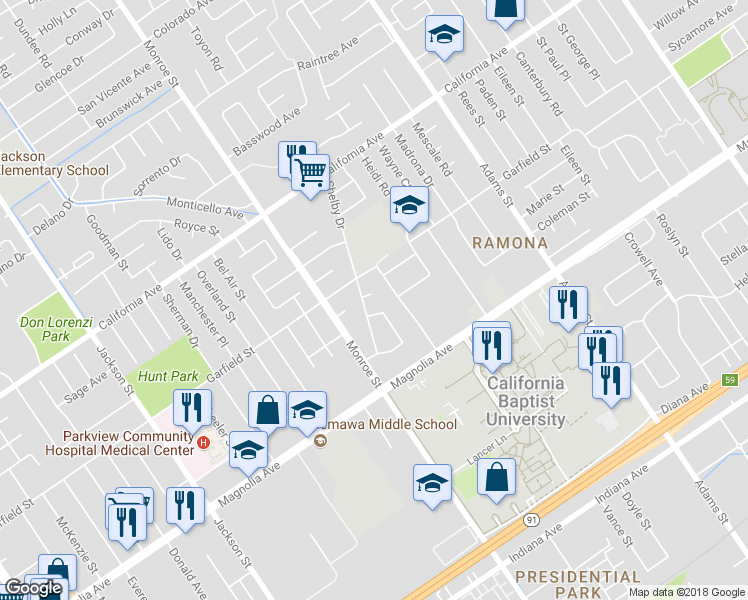map of restaurants, bars, coffee shops, grocery stores, and more near 3908 Roblynn Street in Riverside