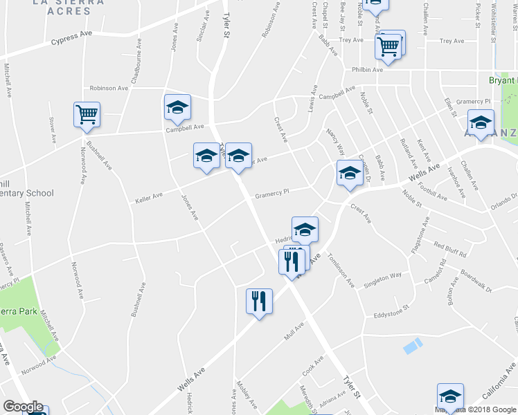 map of restaurants, bars, coffee shops, grocery stores, and more near 5201 Tyler Street in Riverside