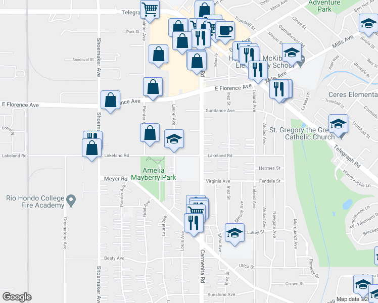 map of restaurants, bars, coffee shops, grocery stores, and more near 10947 Carmenita Road in Whittier