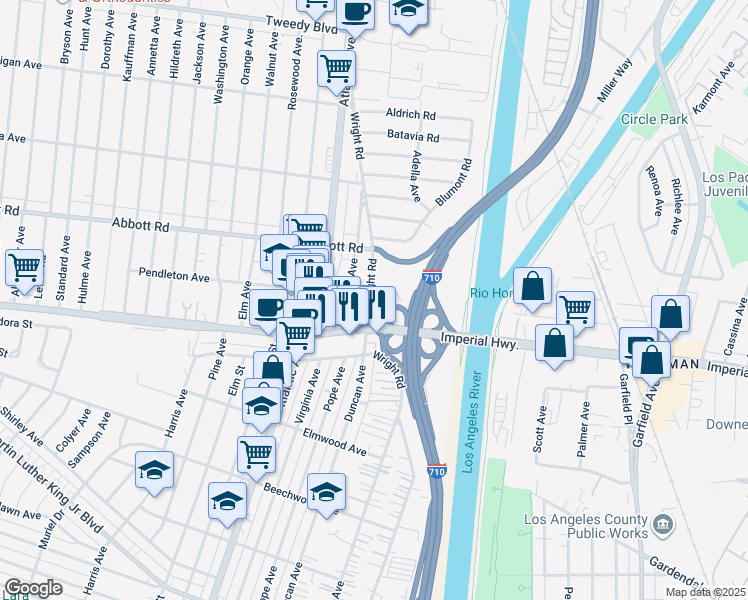 map of restaurants, bars, coffee shops, grocery stores, and more near 5201 Imperial Highway in South Gate