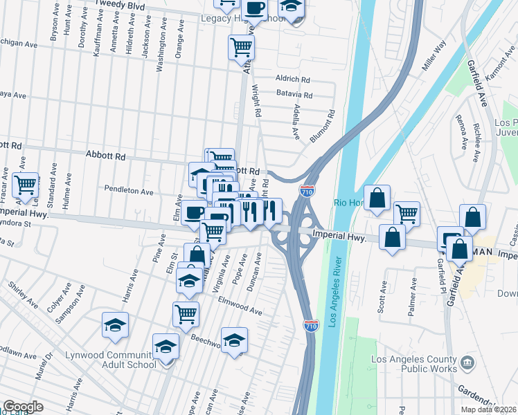 map of restaurants, bars, coffee shops, grocery stores, and more near 5201 Imperial Highway in South Gate