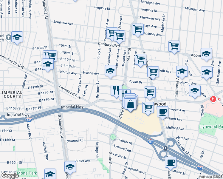 map of restaurants, bars, coffee shops, grocery stores, and more near 2955 Oakwood Avenue in Lynwood