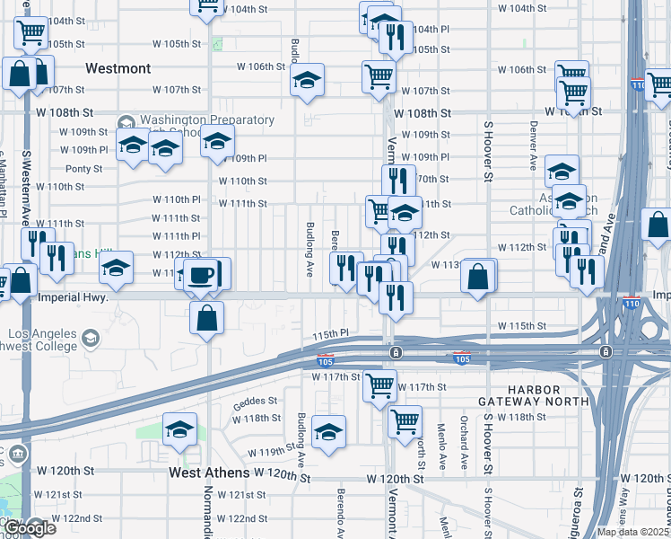 map of restaurants, bars, coffee shops, grocery stores, and more near 11245 Berendo Avenue in Los Angeles