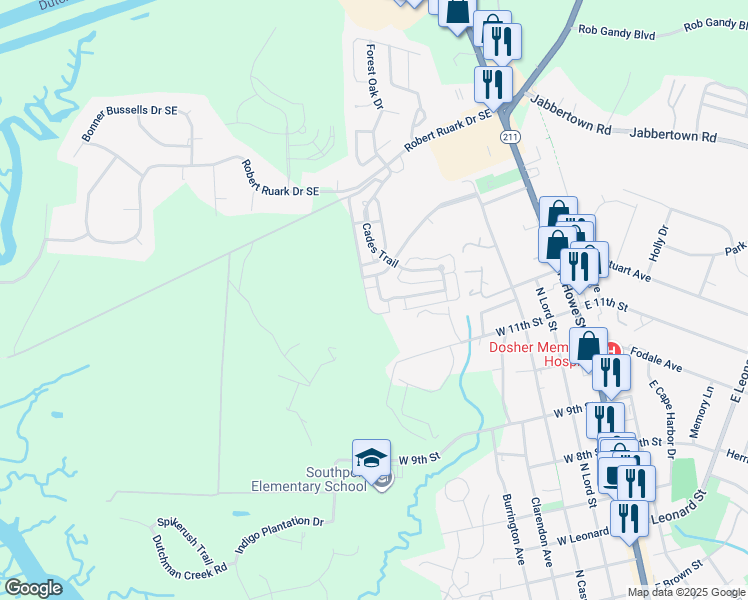 map of restaurants, bars, coffee shops, grocery stores, and more near 414 Lord Charles Drive in Southport