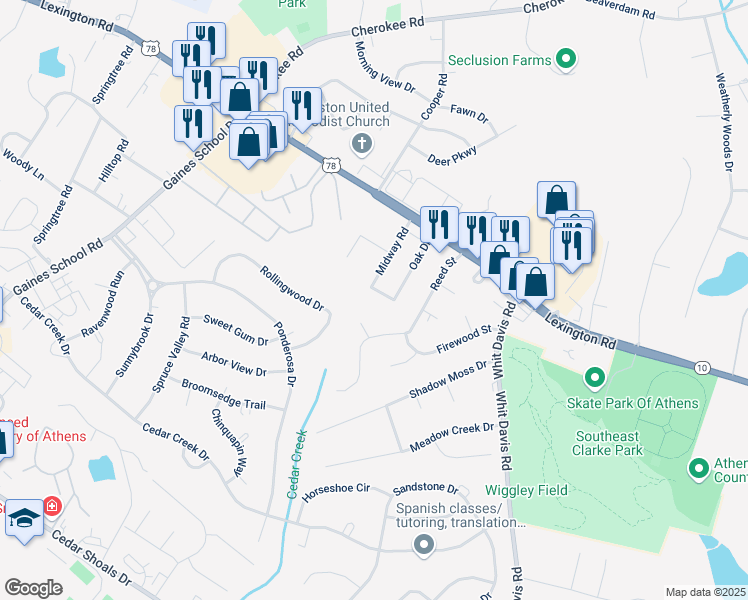 map of restaurants, bars, coffee shops, grocery stores, and more near 120 Cooper Springs Court in Athens