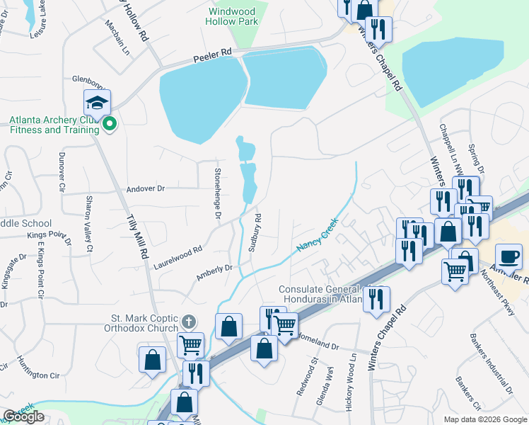map of restaurants, bars, coffee shops, grocery stores, and more near 4602 Amberly Court North in Atlanta