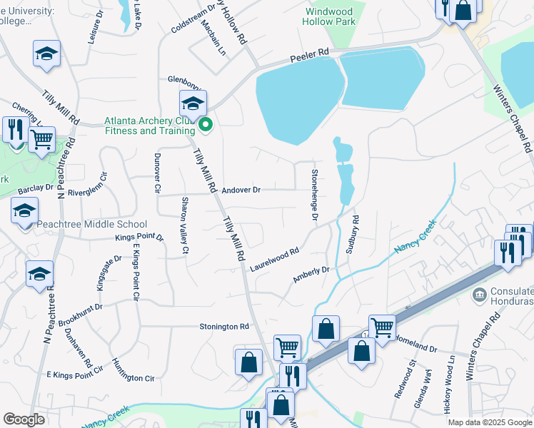 map of restaurants, bars, coffee shops, grocery stores, and more near 2567 Briers North Drive in Atlanta