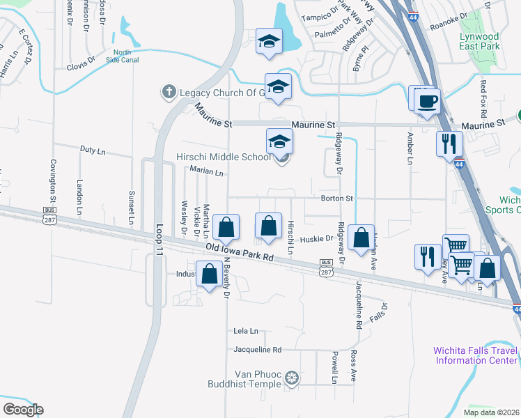 map of restaurants, bars, coffee shops, grocery stores, and more near 1024 Louise Lane in Wichita Falls