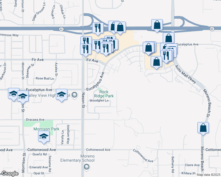 map of restaurants, bars, coffee shops, grocery stores, and more near 27222 Golden Field Court in Moreno Valley