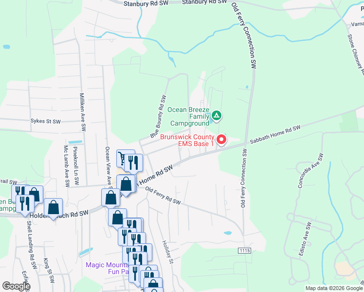 map of restaurants, bars, coffee shops, grocery stores, and more near 2769 Seatrace Lane Southwest in Brunswick County