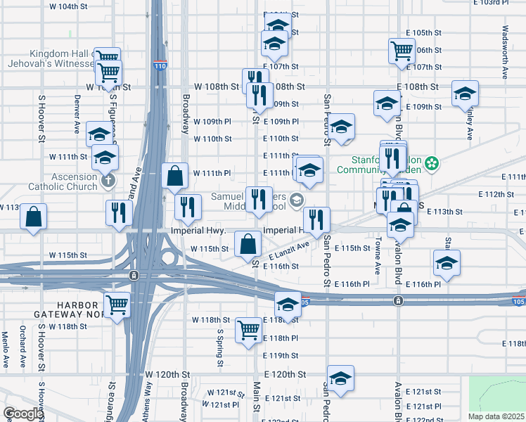 map of restaurants, bars, coffee shops, grocery stores, and more near 234 East 112th Street in Los Angeles