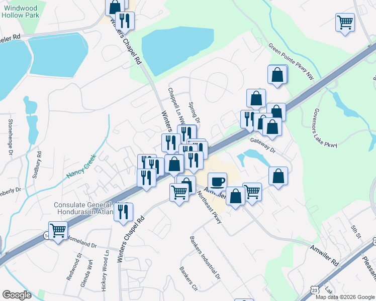 map of restaurants, bars, coffee shops, grocery stores, and more near 7131 Peachtree Industrial Boulevard in Norcross