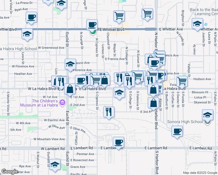 map of restaurants, bars, coffee shops, grocery stores, and more near 515 East La Habra Boulevard in La Habra