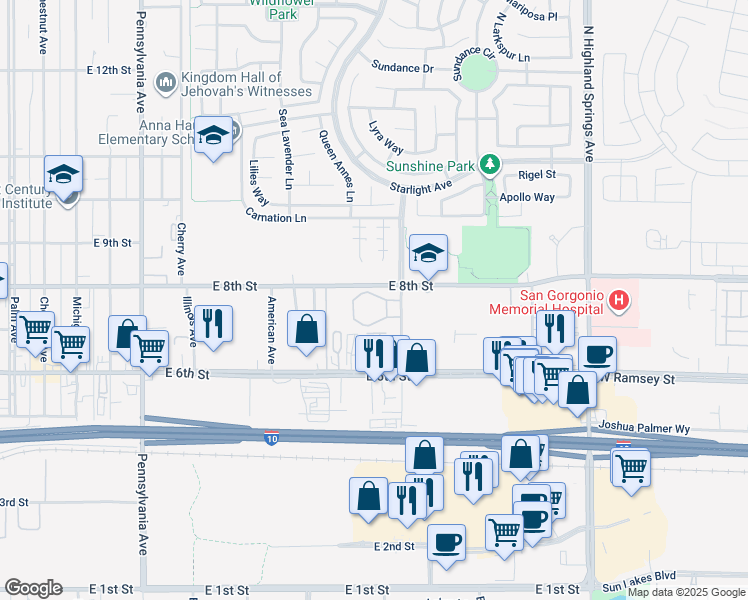 map of restaurants, bars, coffee shops, grocery stores, and more near 755 Xenia Avenue in Beaumont