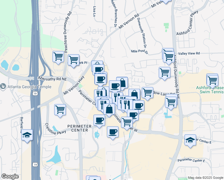 map of restaurants, bars, coffee shops, grocery stores, and more near 1050 Crown Pointe Parkway in Dunwoody