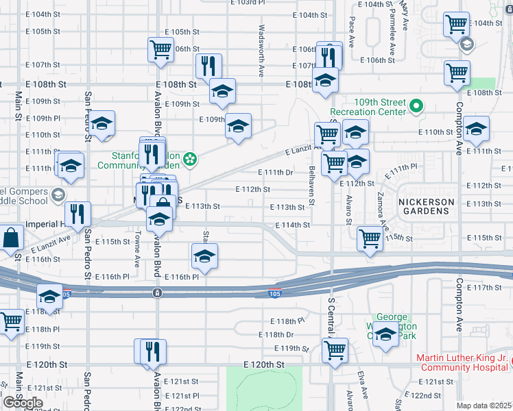 map of restaurants, bars, coffee shops, grocery stores, and more near 900 East 113th Street in Los Angeles