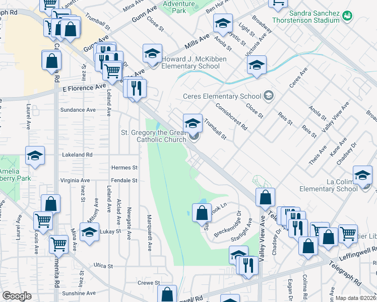 map of restaurants, bars, coffee shops, grocery stores, and more near 13935 Fairway Drive in Whittier