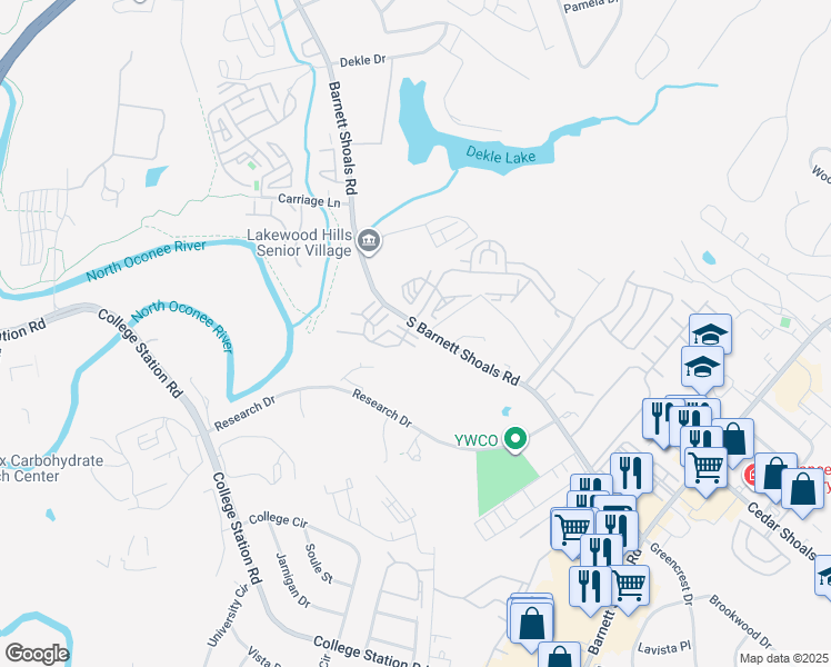 map of restaurants, bars, coffee shops, grocery stores, and more near 1134 Barnett Shoals Road in Athens
