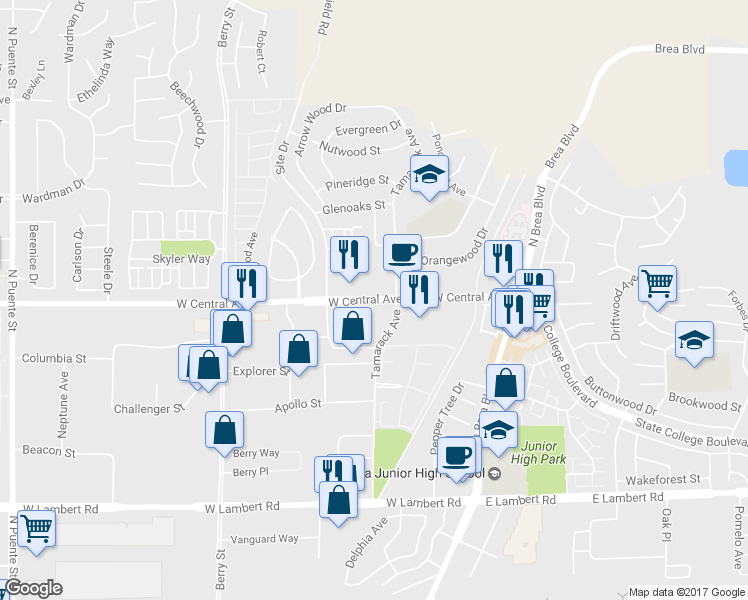 map of restaurants, bars, coffee shops, grocery stores, and more near 330 West Central Avenue in Brea