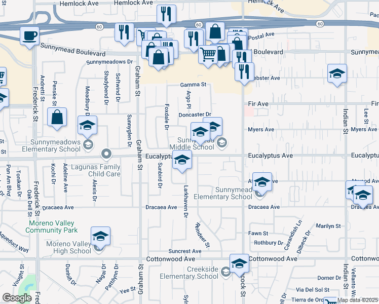 map of restaurants, bars, coffee shops, grocery stores, and more near 12994 Alona Street in Moreno Valley