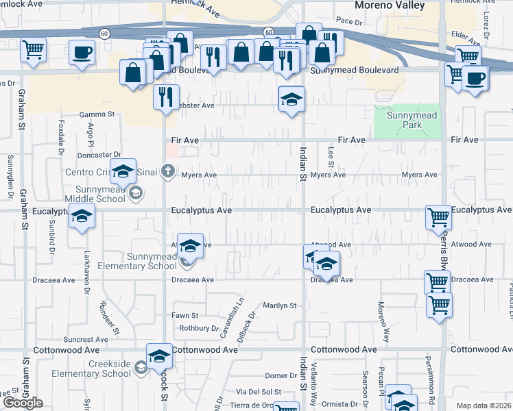 map of restaurants, bars, coffee shops, grocery stores, and more near 24295 Eucalyptus Avenue in Moreno Valley