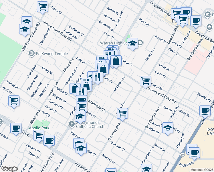 map of restaurants, bars, coffee shops, grocery stores, and more near 12024 Parrot Avenue in Downey