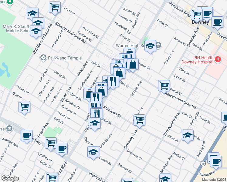 map of restaurants, bars, coffee shops, grocery stores, and more near 12102 Paramount Boulevard in Downey