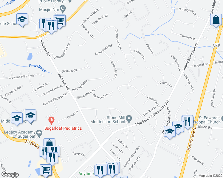 map of restaurants, bars, coffee shops, grocery stores, and more near 1057 Wildwood Lane in Lawrenceville