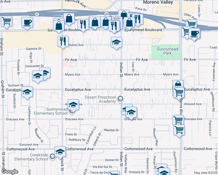 map of restaurants, bars, coffee shops, grocery stores, and more near 24412 Eucalyptus Avenue in Moreno Valley