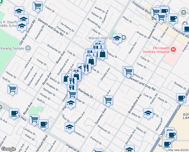 map of restaurants, bars, coffee shops, grocery stores, and more near 12024 Parrot Avenue in Downey