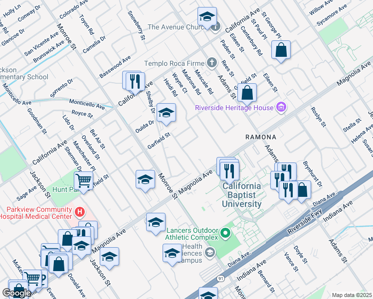 map of restaurants, bars, coffee shops, grocery stores, and more near 8570 Harmony Lane in Riverside