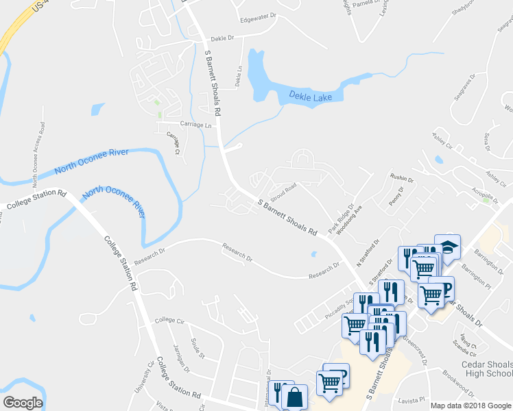 map of restaurants, bars, coffee shops, grocery stores, and more near 1130 South Barnett Shoals Road in Athens