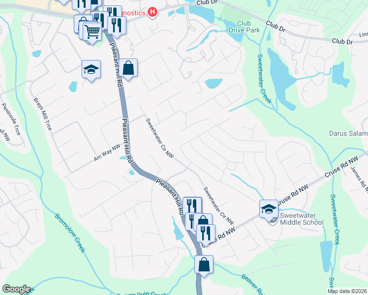 map of restaurants, bars, coffee shops, grocery stores, and more near 1207 Halletts Peak Place in Lawrenceville
