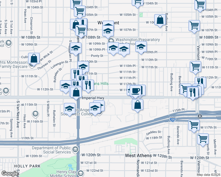 map of restaurants, bars, coffee shops, grocery stores, and more near 1559 West 113th Street in Los Angeles