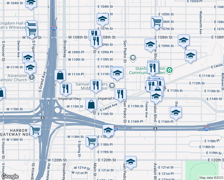 map of restaurants, bars, coffee shops, grocery stores, and more near 234 East 112th Street in Los Angeles