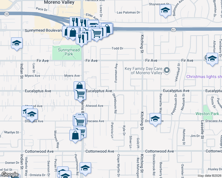 map of restaurants, bars, coffee shops, grocery stores, and more near 25241 Eucalyptus Avenue in Moreno Valley