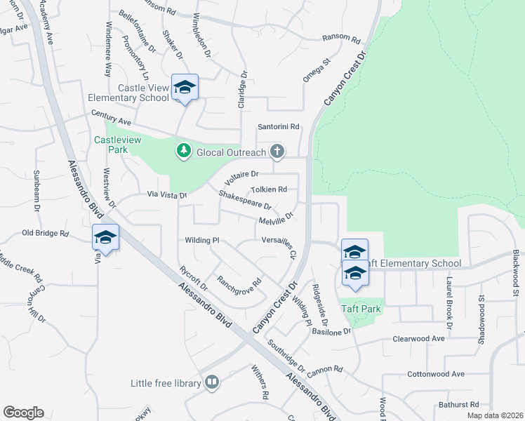 map of restaurants, bars, coffee shops, grocery stores, and more near 1248 Shakespeare Drive in Riverside