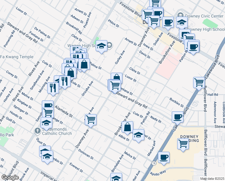 map of restaurants, bars, coffee shops, grocery stores, and more near Downey Ave & Stewart and Gray Rd in Downey