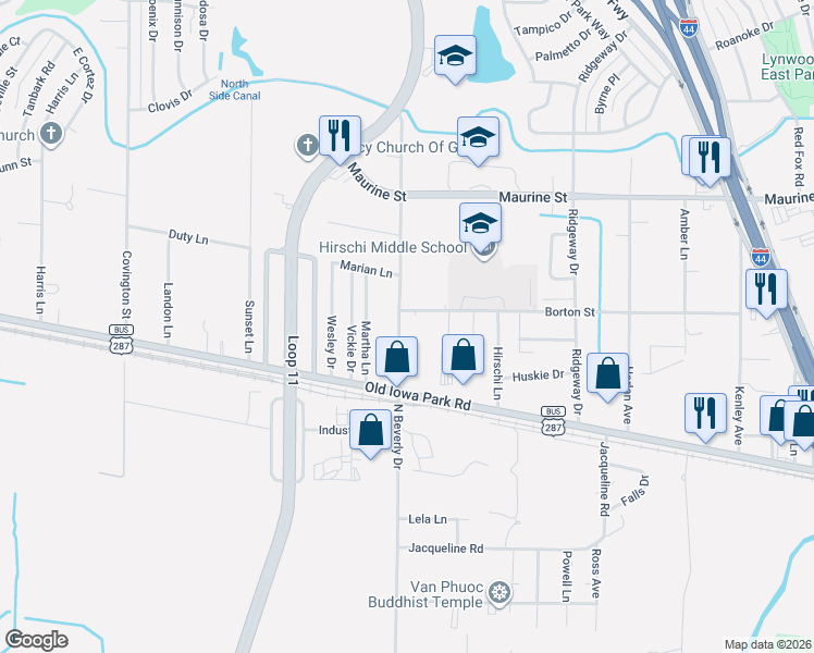 map of restaurants, bars, coffee shops, grocery stores, and more near 1012 North Beverly Drive in Wichita Falls
