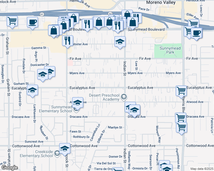 map of restaurants, bars, coffee shops, grocery stores, and more near 24344 Eucalyptus Avenue in Moreno Valley